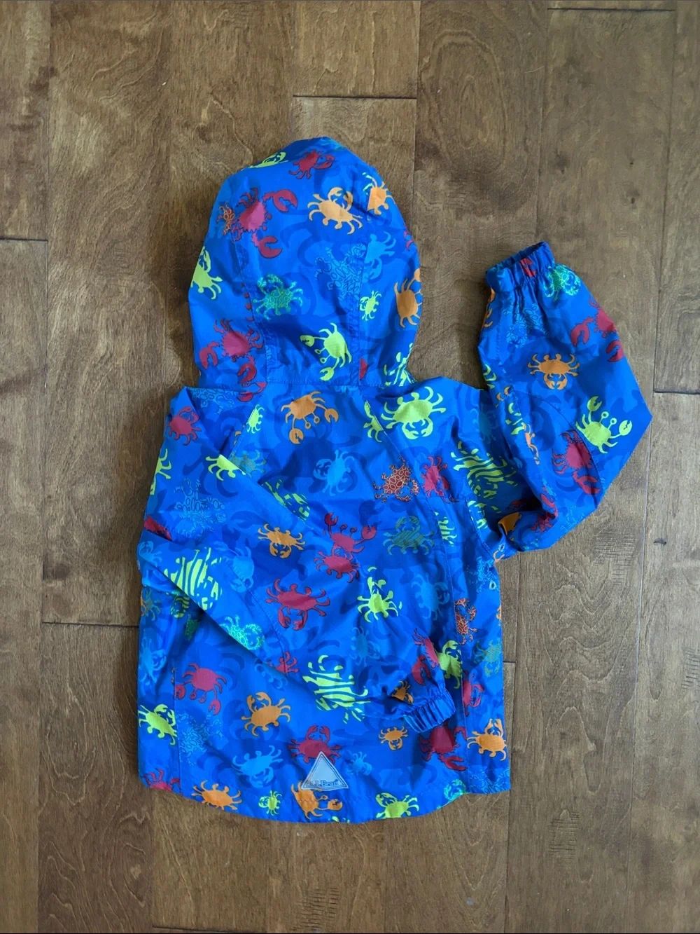 L.L. Bean Kids' Bright Blue Hooded raincoat with Colorful Crab Print